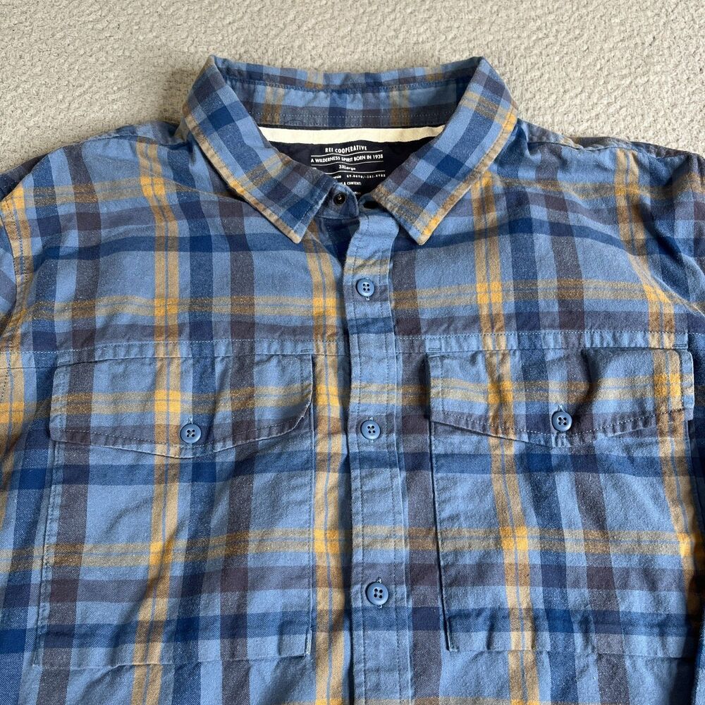REI Coop Flannel Shirt Mens 3XL Blue Plaid Button Outdoor Hiking Cotton Pocket